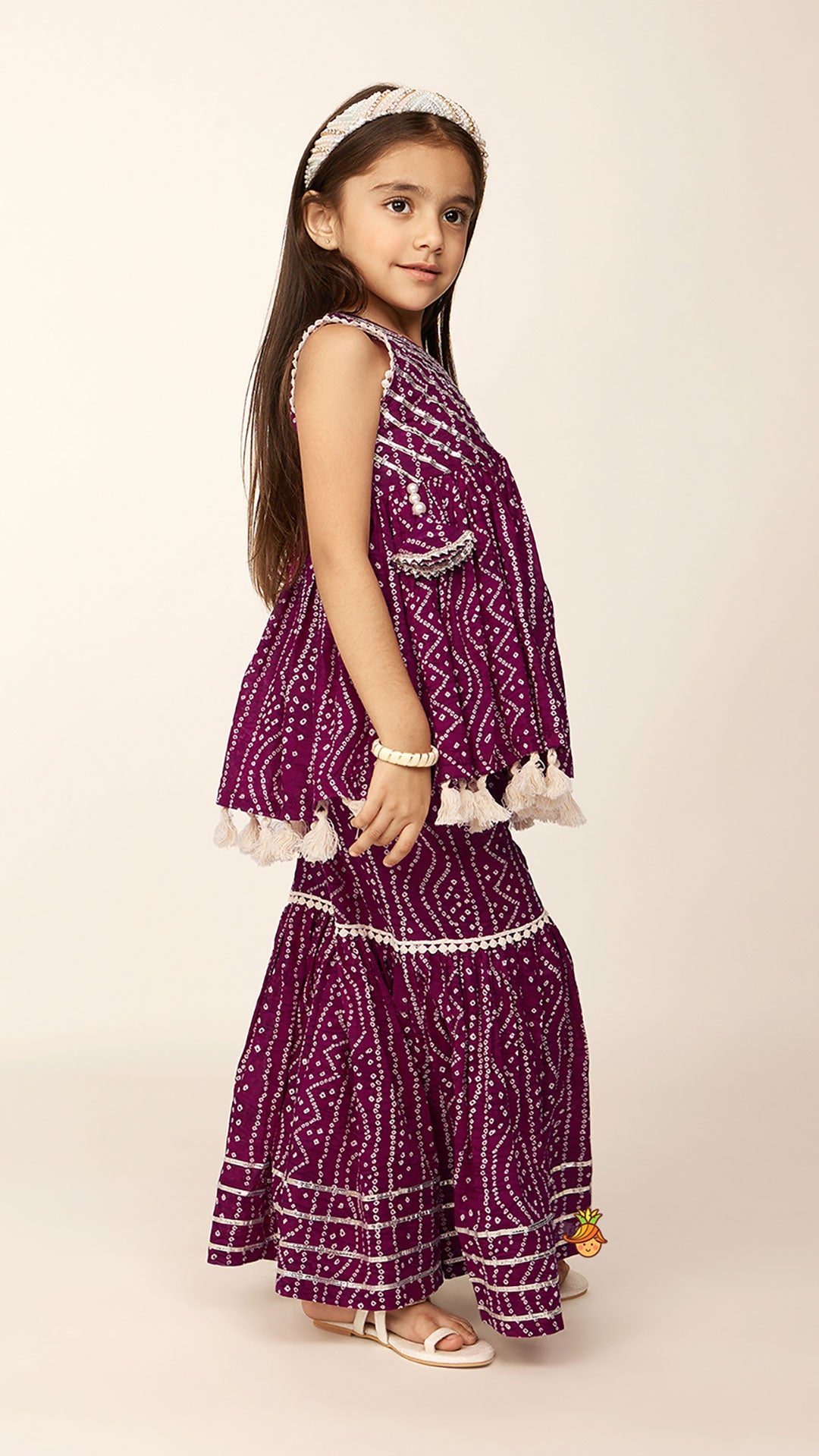 Pre Order: Gota Lace Work Yoke Bandhani Printed Fringes Purple Top And Sharara