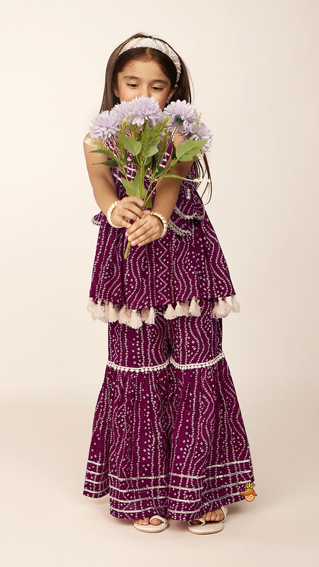 Pre Order: Gota Lace Work Yoke Bandhani Printed Fringes Purple Top And Sharara