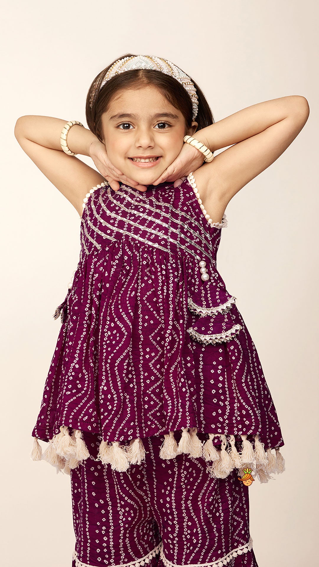 Pre Order: Gota Lace Work Yoke Bandhani Printed Fringes Purple Top And Sharara