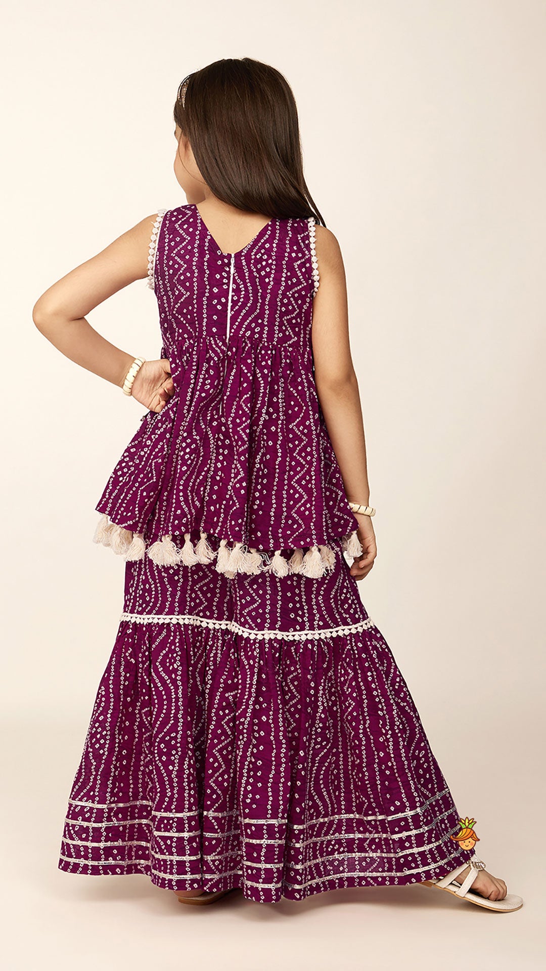 Pre Order: Gota Lace Work Yoke Bandhani Printed Fringes Purple Top And Sharara