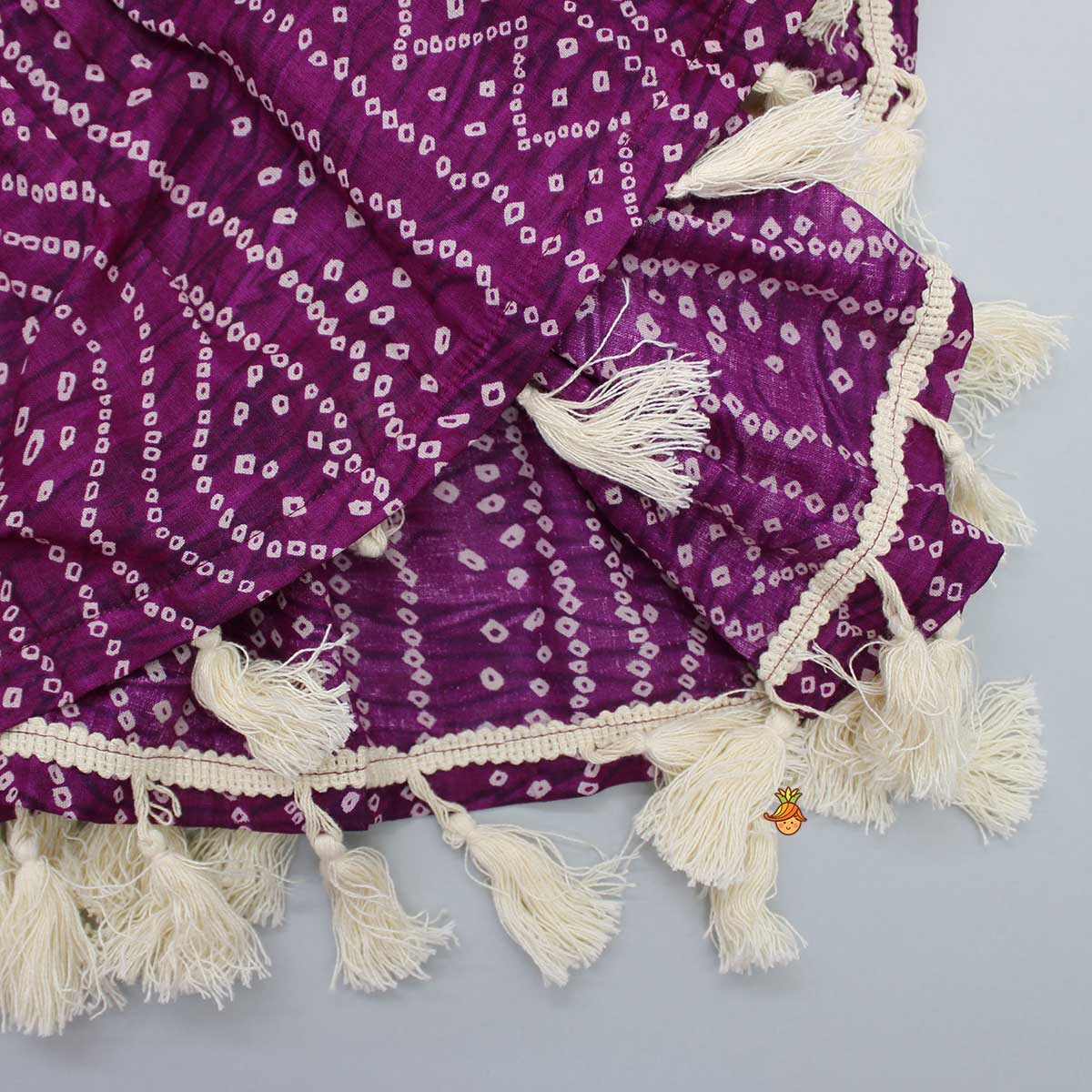 Pre Order: Gota Lace Work Yoke Bandhani Printed Fringes Purple Top And Sharara