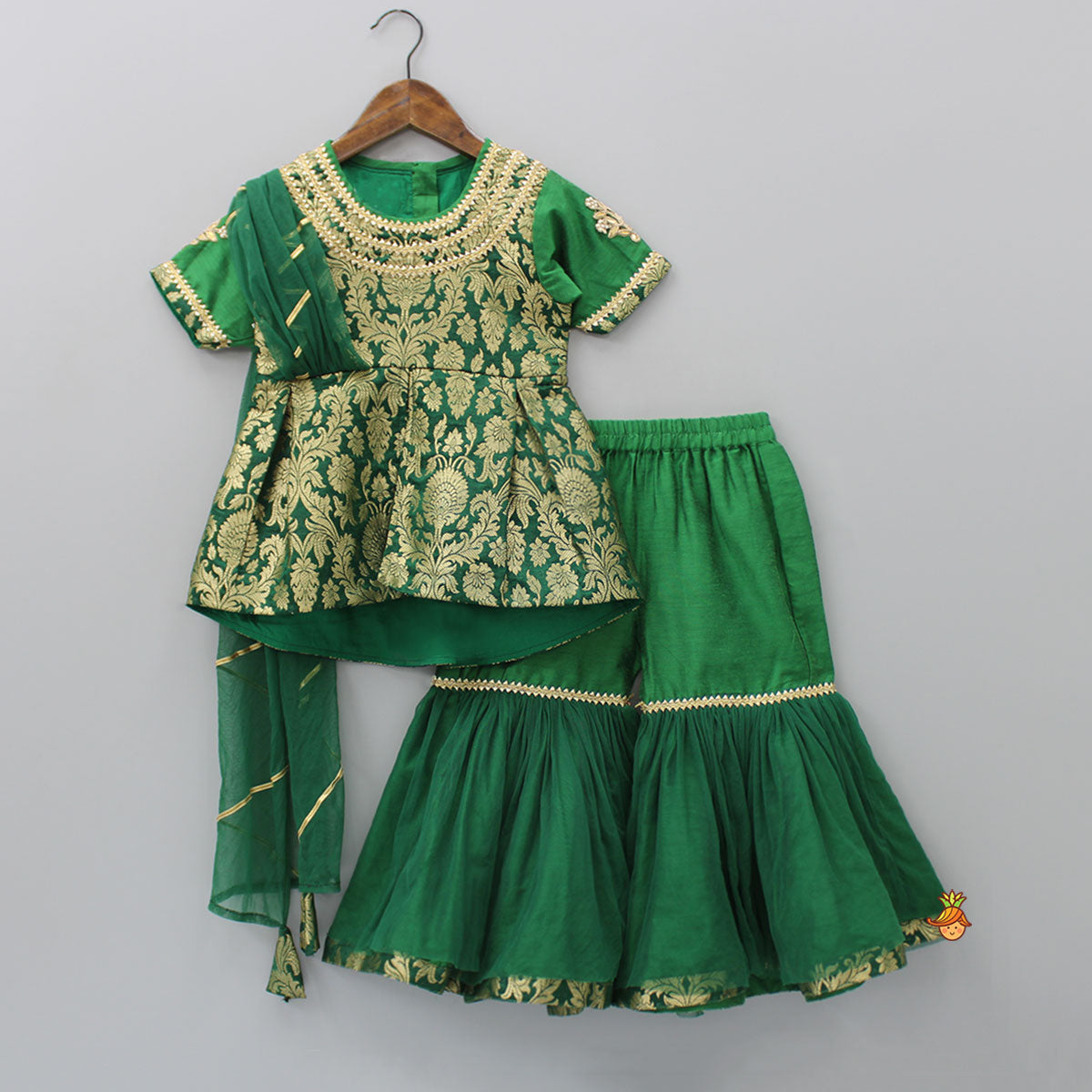 Pre Order: Front Slit Brocade Green High Low Kurti With Attached Dupatta And Net Sharara