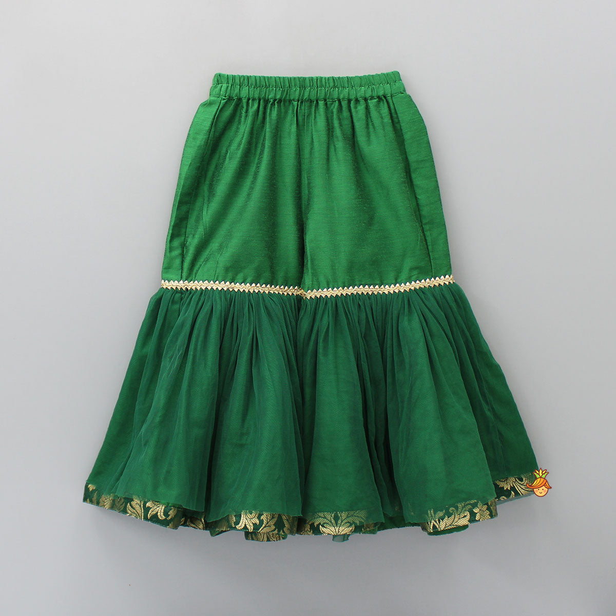 Pre Order: Front Slit Brocade Green High Low Kurti With Attached Dupatta And Net Sharara