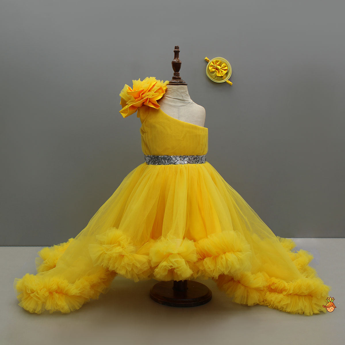 Pre Order: One Shoulder Ruffle Hem High Low Yellow Dress With Matching Head Band