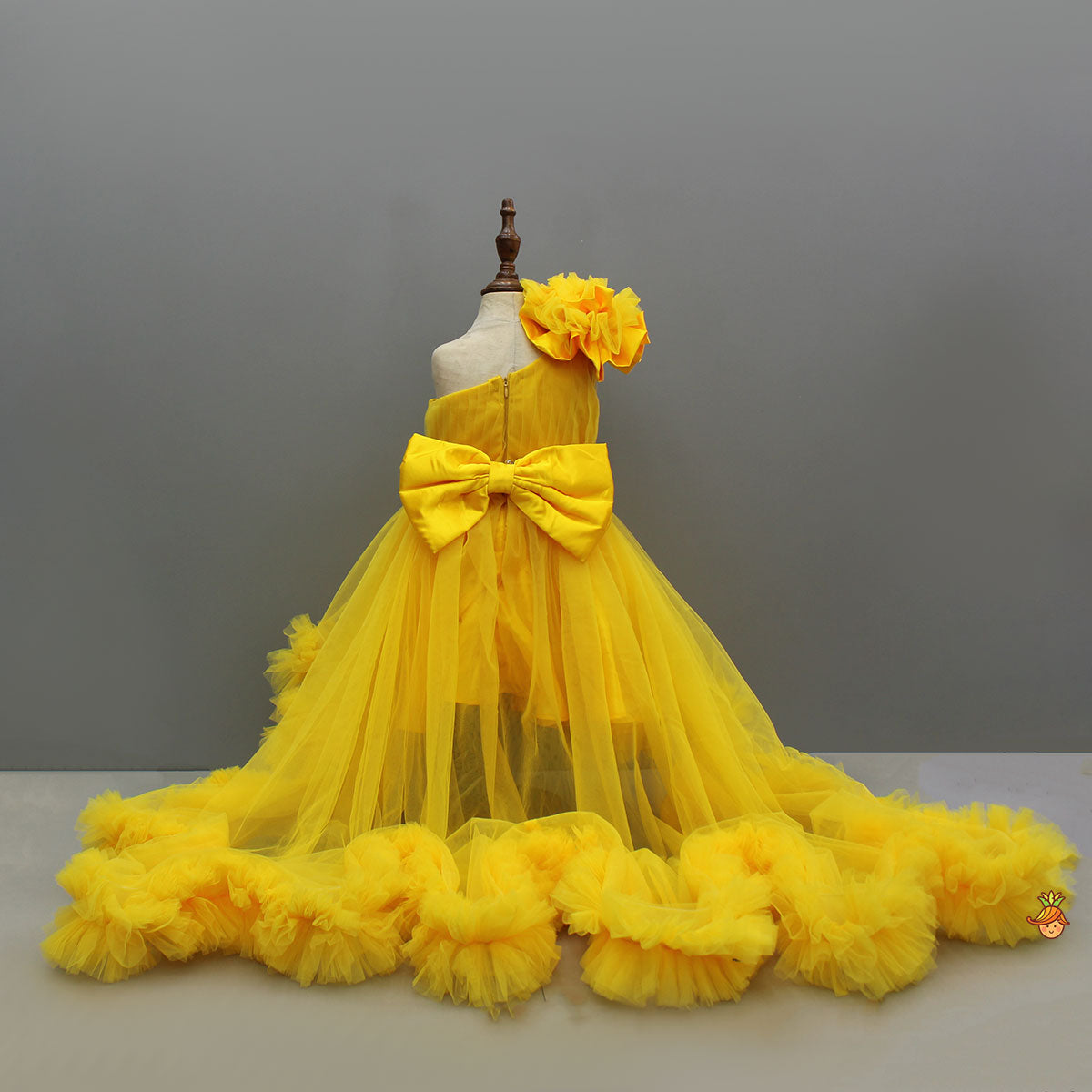 Pre Order: One Shoulder Ruffle Hem High Low Yellow Dress With Matching Head Band