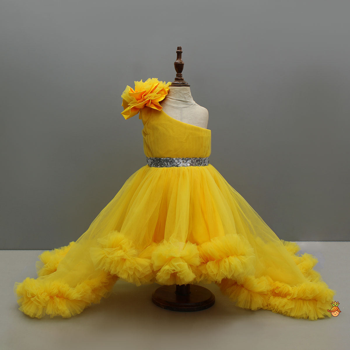 Pre Order: One Shoulder Ruffle Hem High Low Yellow Dress With Matching Head Band