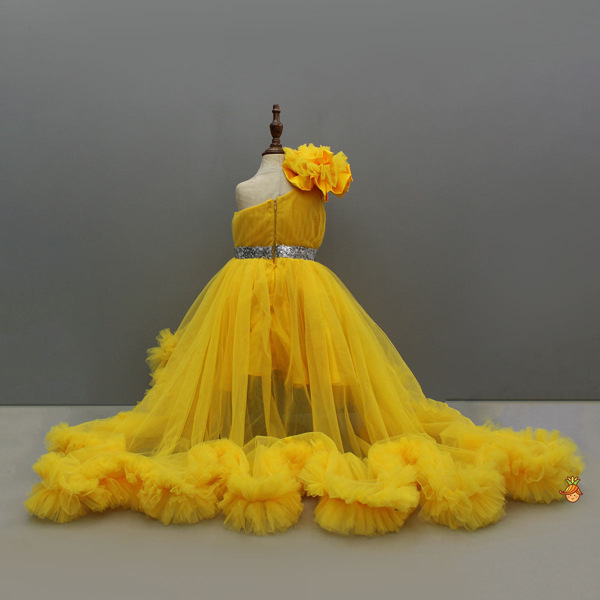 Pre Order: One Shoulder Ruffle Hem High Low Yellow Dress With Matching Head Band
