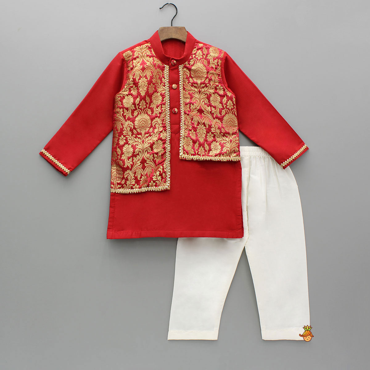 Pre Order: Brocade Attached Flap Red Kurta And Off White Pyjama