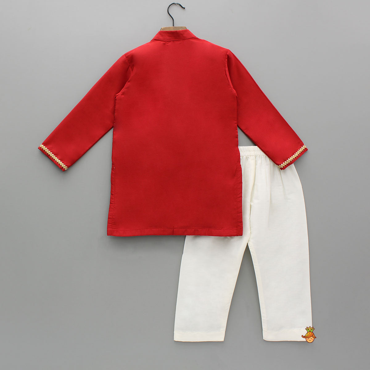 Pre Order: Brocade Attached Flap Red Kurta And Off White Pyjama