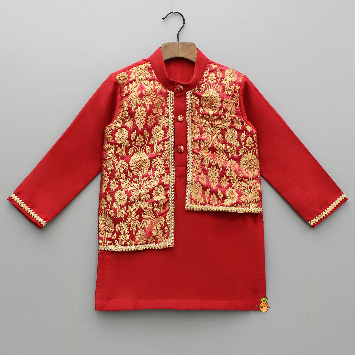 Pre Order: Brocade Attached Flap Red Kurta And Off White Pyjama