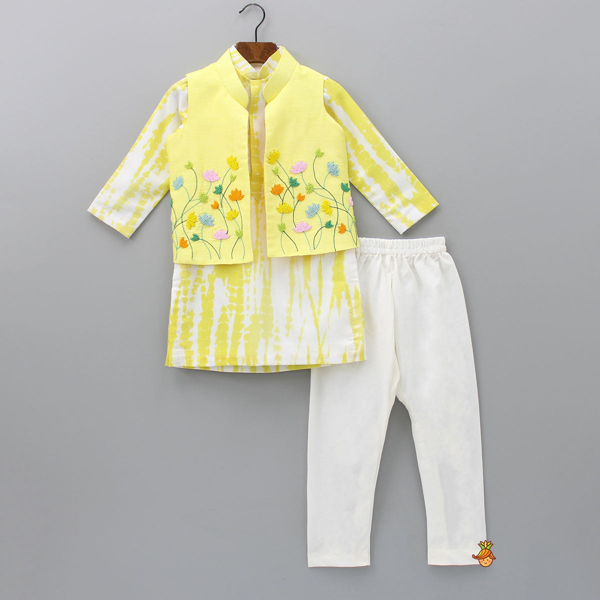 Pre Order: Shibori Printed Kurta With Beads Embroidered Yellow Open Jacket And Churidar