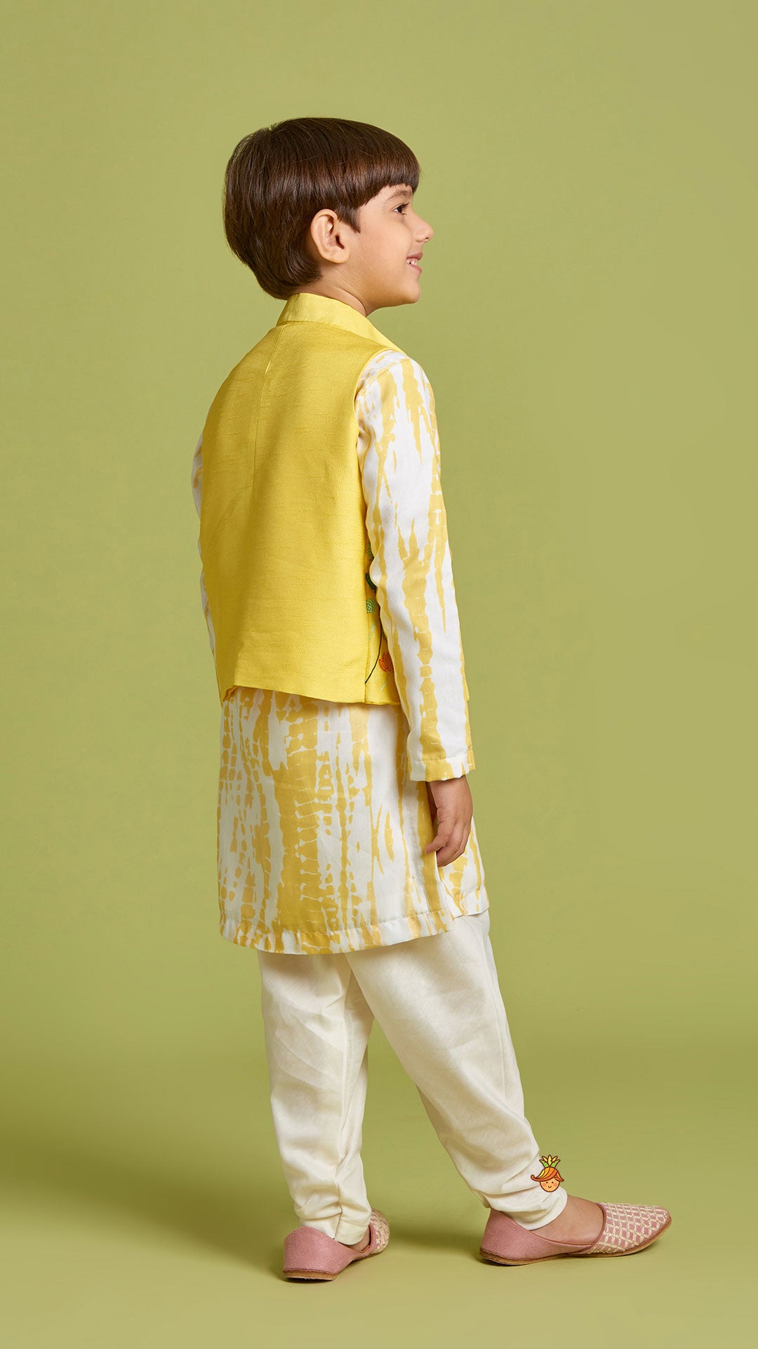 Pre Order: Shibori Printed Kurta With Beads Embroidered Yellow Open Jacket And Churidar
