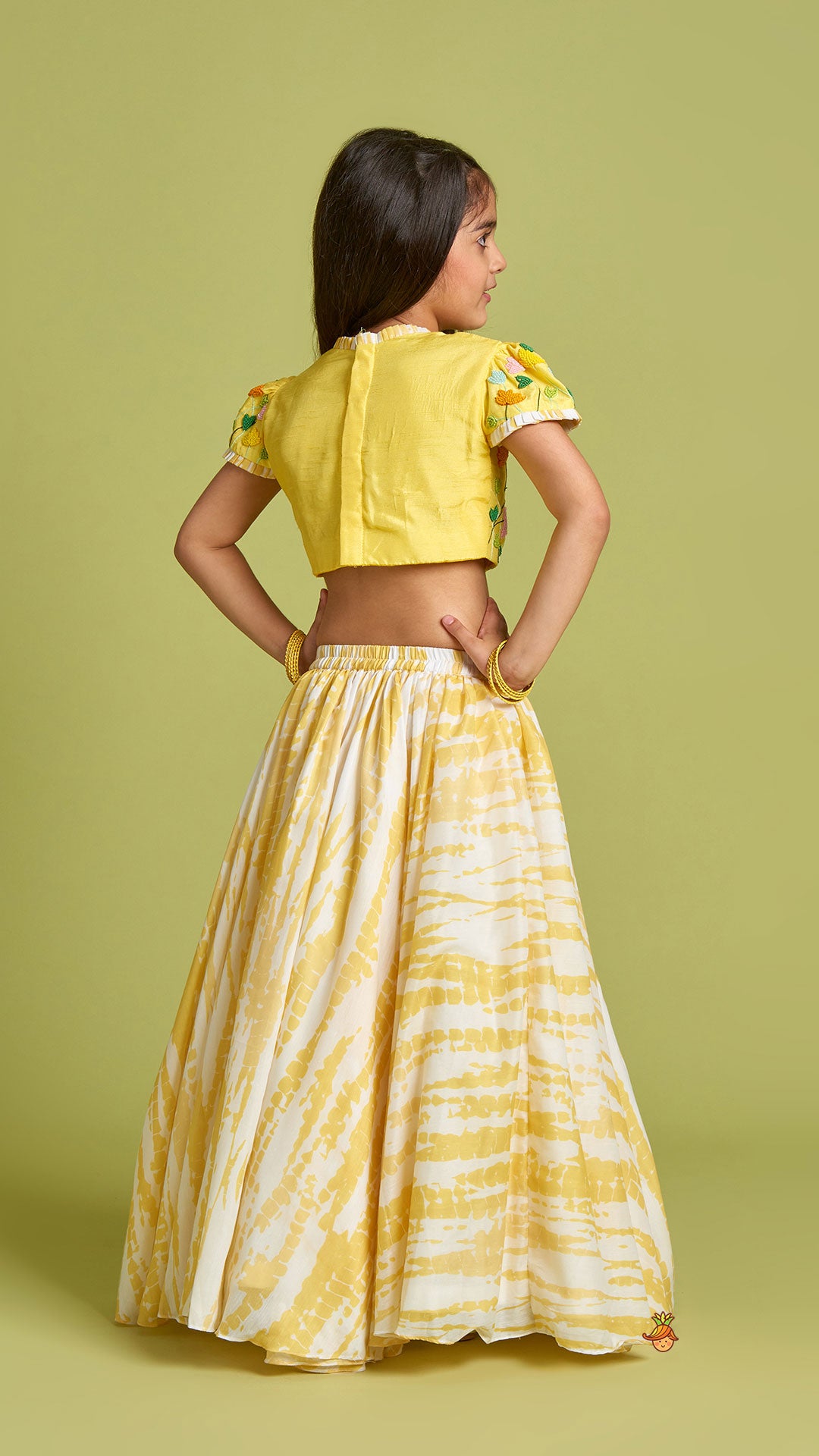 Pre Order: Beaded Yellow Top And Shibori Printed Lehenga With Ruffle Dupatta
