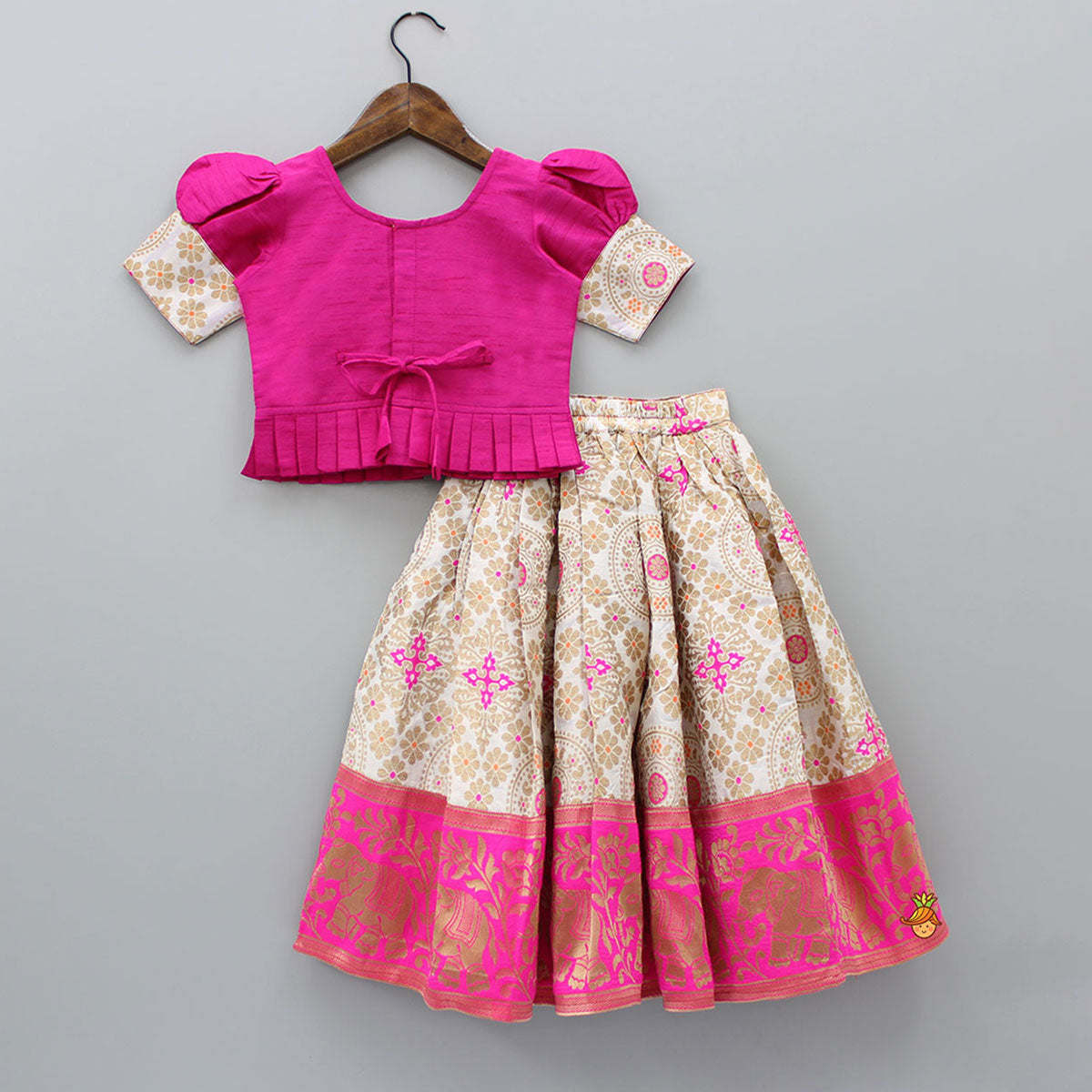Embroidered Top With Puff Sleeves And Pattu Style Lehenga
