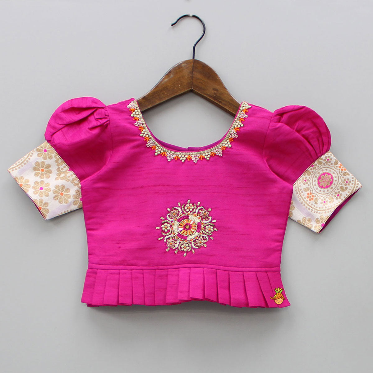 Embroidered Top With Puff Sleeves And Pattu Style Lehenga
