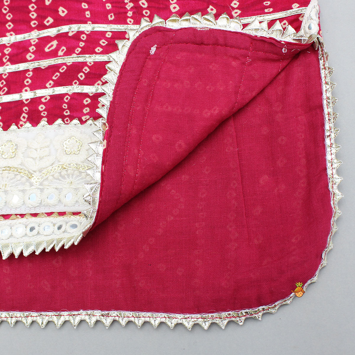 Pre Order: Bandhani Printed Pink Kurti With Off-White Sharara And Net Dupatta