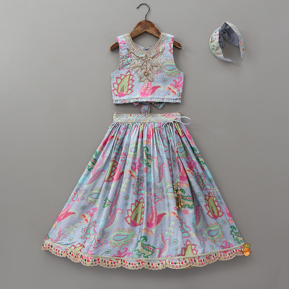 Pre Order: Zardozi Embroidered Pleated Hem Blue Top And Lehenga With Checks Hair Band
