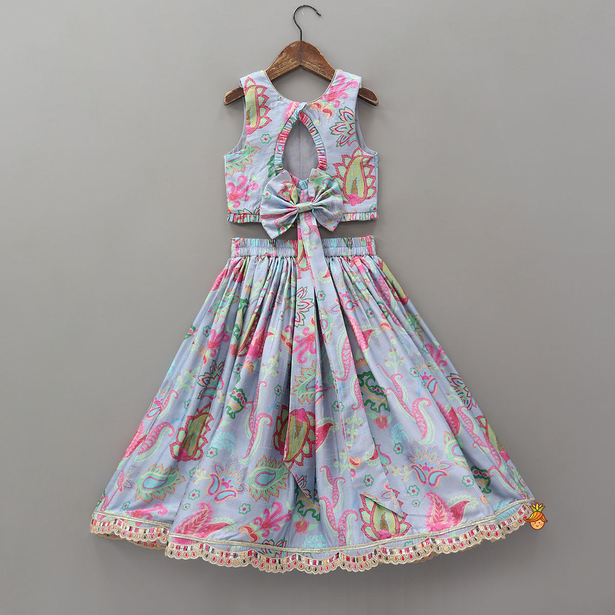 Pre Order: Zardozi Embroidered Pleated Hem Blue Top And Lehenga With Checks Hair Band