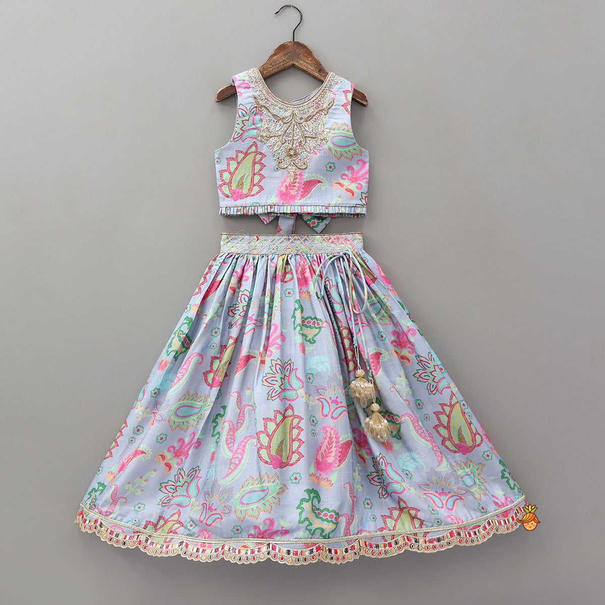 Pre Order: Zardozi Embroidered Pleated Hem Blue Top And Lehenga With Checks Hair Band