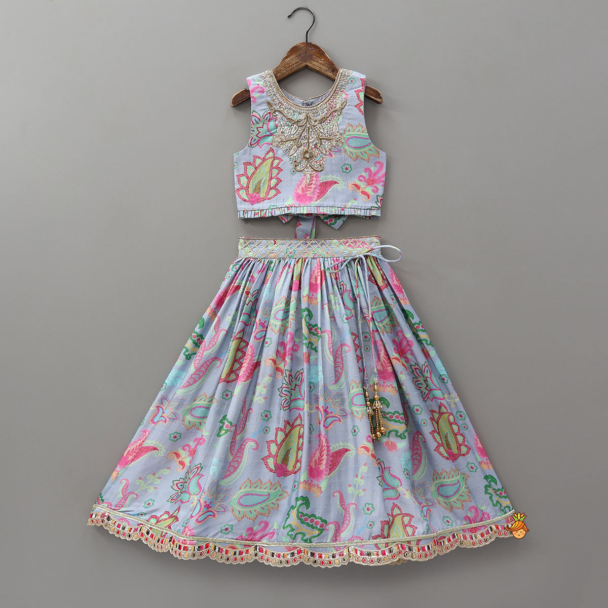 Pre Order: Zardozi Embroidered Pleated Hem Blue Top And Lehenga With Checks Hair Band