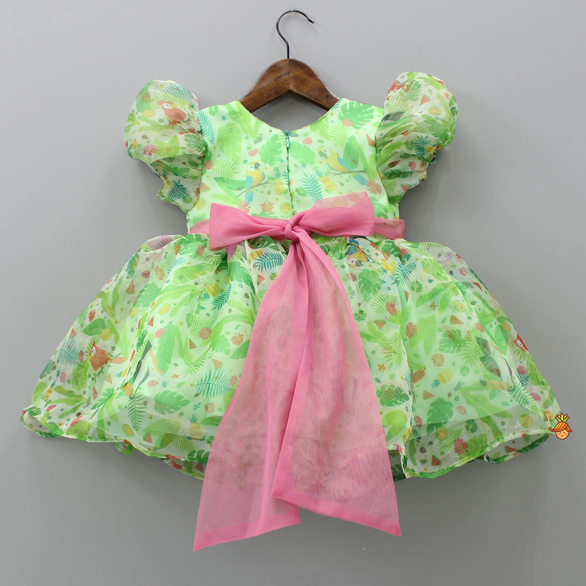 Pre Order: Jungle Theme Printed Green Puff Sleeves Dress With Sequined Belt