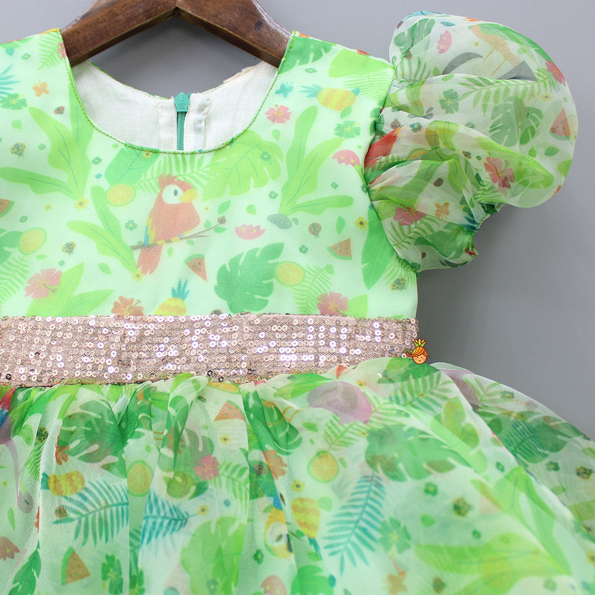 Pre Order: Jungle Theme Printed Green Puff Sleeves Dress With Sequined Belt