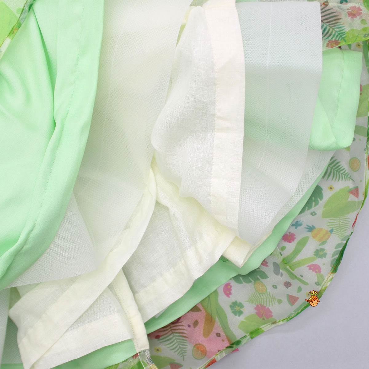 Pre Order: Jungle Theme Printed Green Puff Sleeves Dress With Sequined Belt