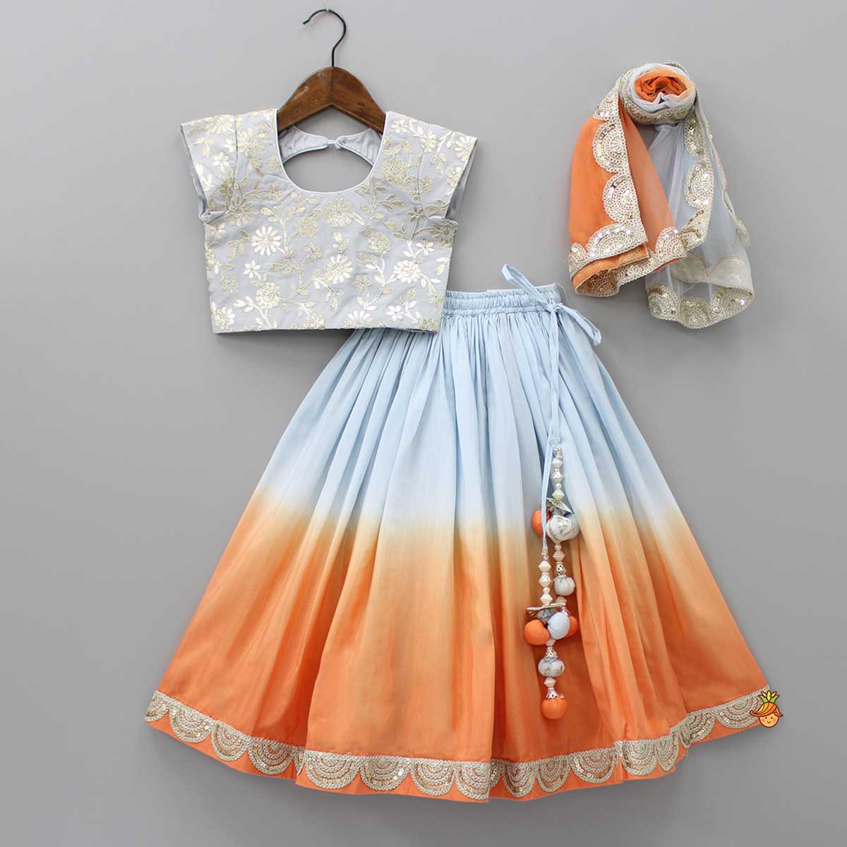 Pre Order: Sequins Floral Embroidered Blue Top And Ombre Lehenga With Matching Dupatta