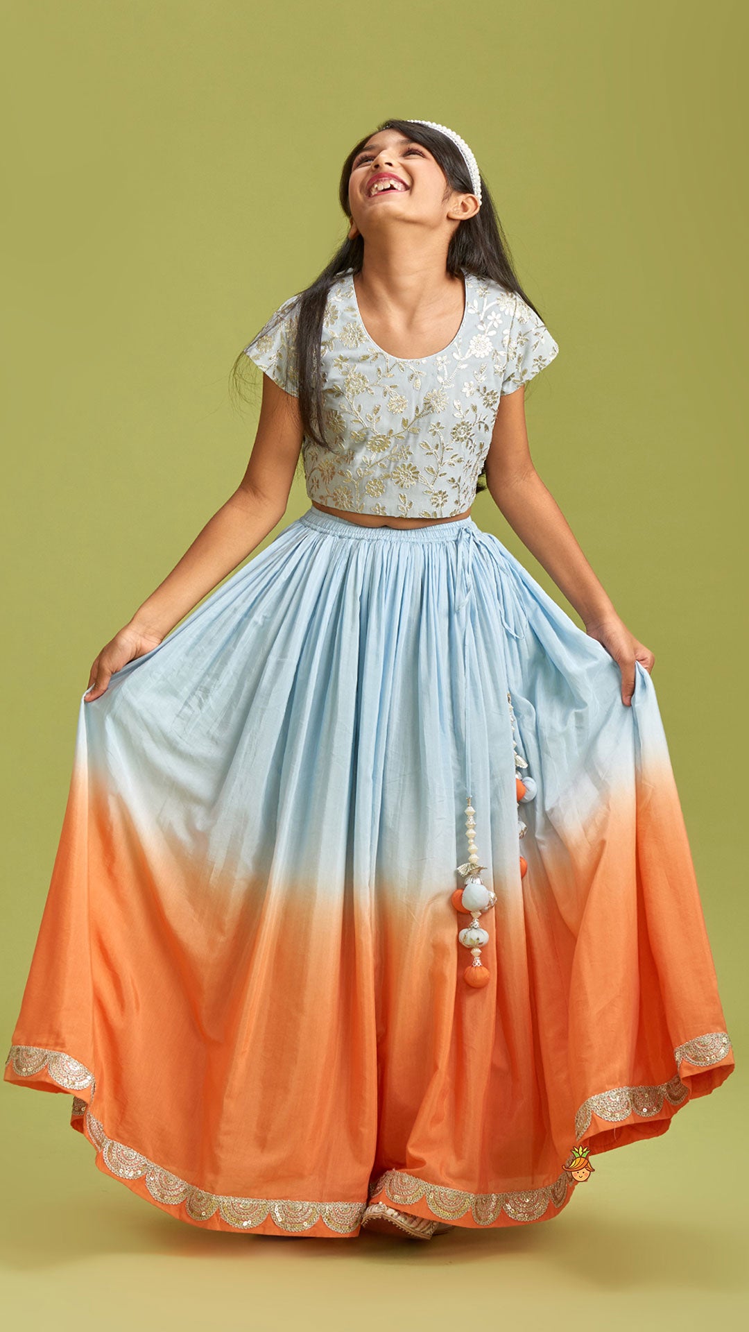 Pre Order: Sequins Floral Embroidered Blue Top And Ombre Lehenga With Matching Dupatta