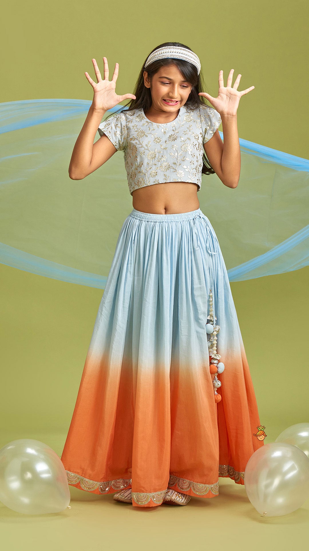 Pre Order: Sequins Floral Embroidered Blue Top And Ombre Lehenga With Matching Dupatta