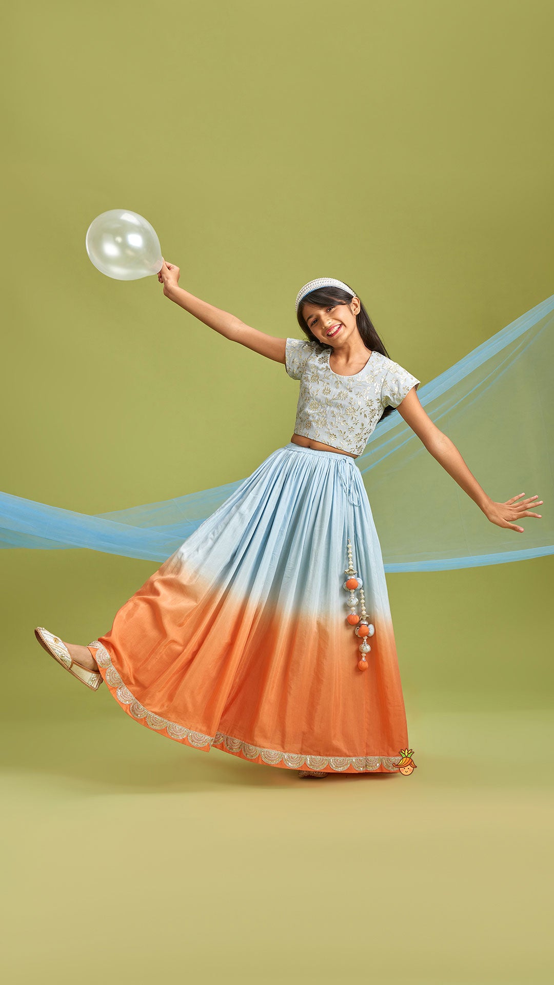 Pre Order: Sequins Floral Embroidered Blue Top And Ombre Lehenga With Matching Dupatta