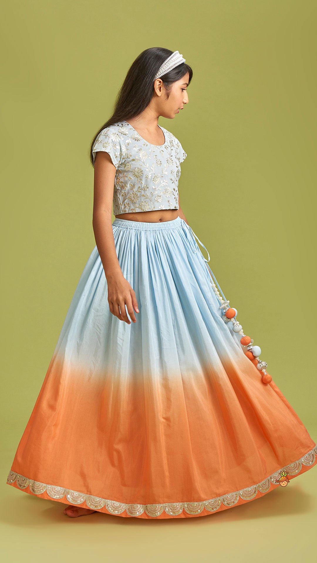 Pre Order: Sequins Floral Embroidered Blue Top And Ombre Lehenga With Matching Dupatta