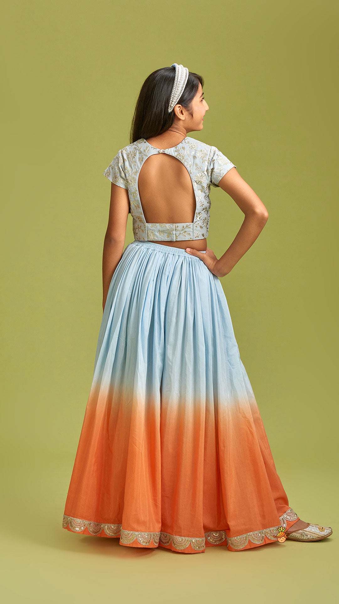 Pre Order: Sequins Floral Embroidered Blue Top And Ombre Lehenga With Matching Dupatta
