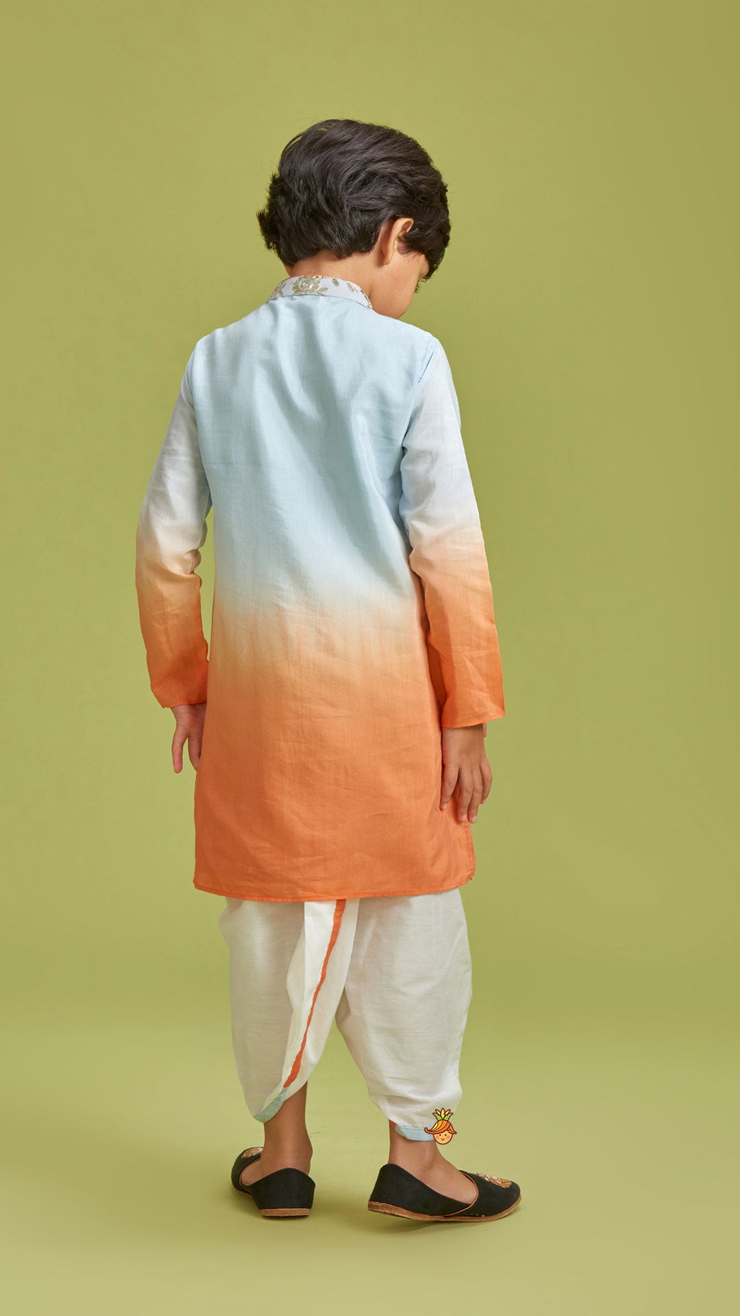 Pre Order: Orange And Blue Ombre Kurta With Dhoti