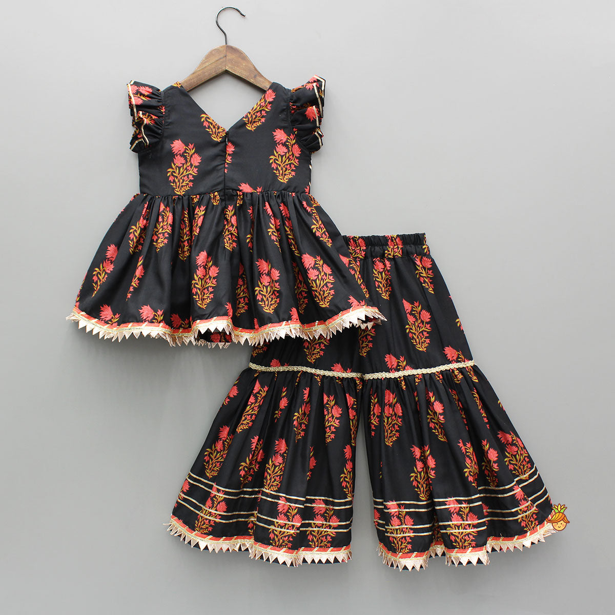 Pre Order: Black Cotton Floral Printed Kurti And Sharara With Net Dupatta