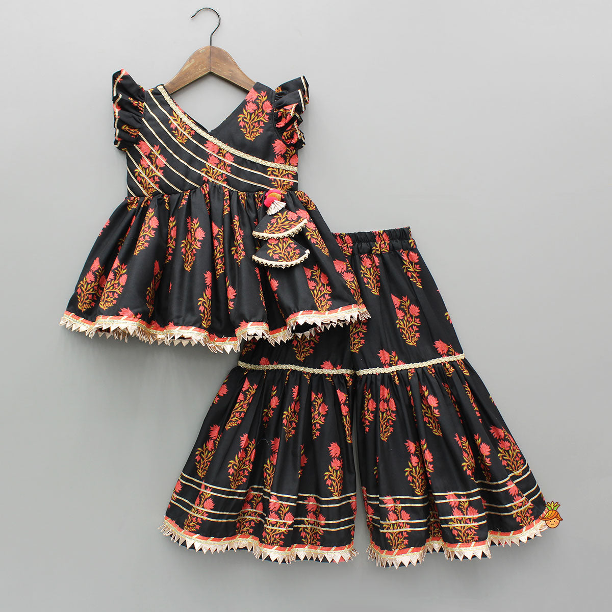 Pre Order: Black Cotton Floral Printed Kurti And Sharara With Net Dupatta