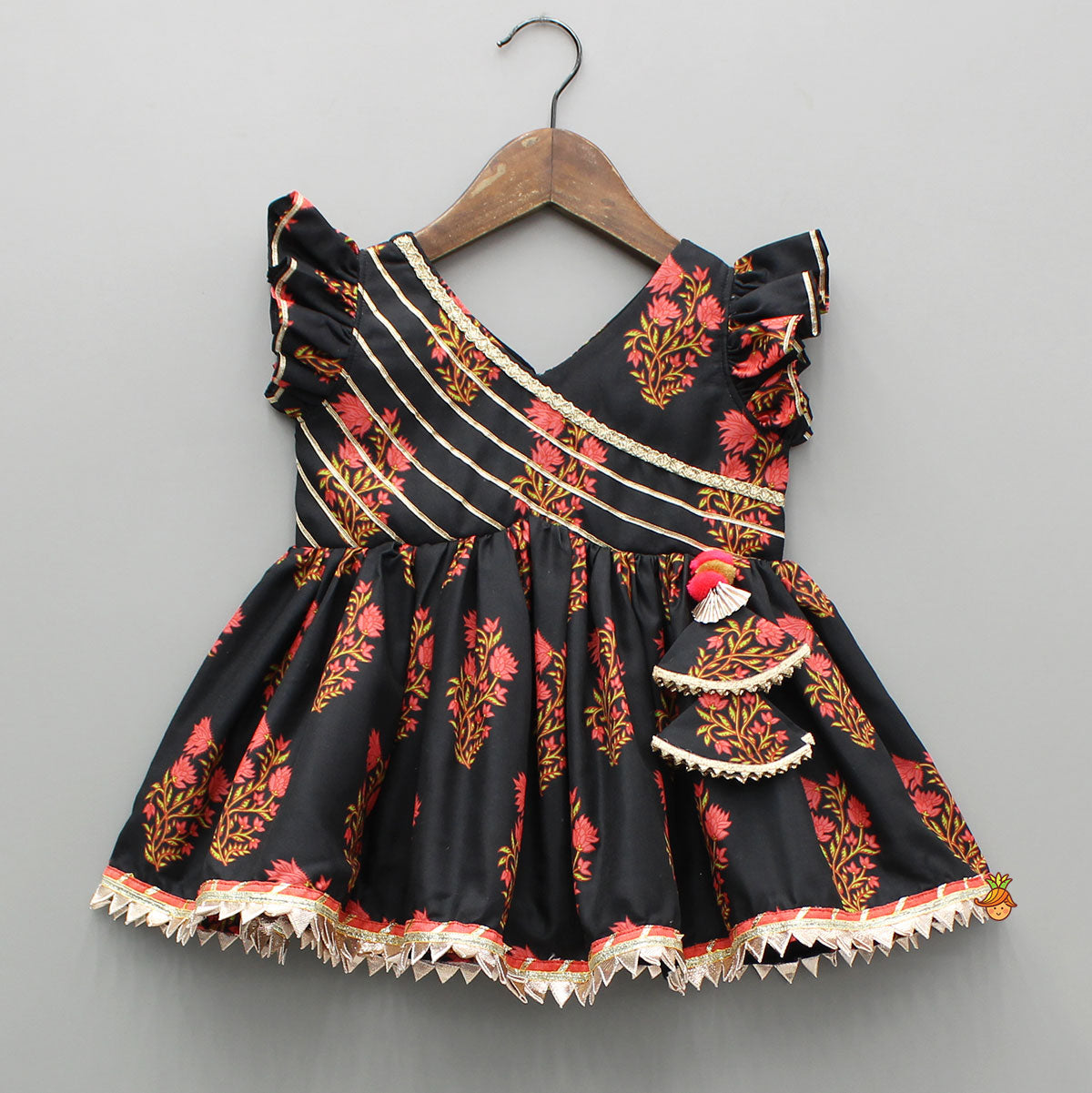 Pre Order: Black Cotton Floral Printed Kurti And Sharara With Net Dupatta