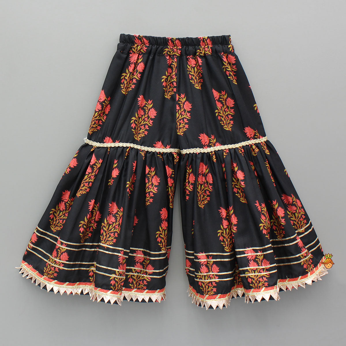 Pre Order: Black Cotton Floral Printed Kurti And Sharara With Net Dupatta