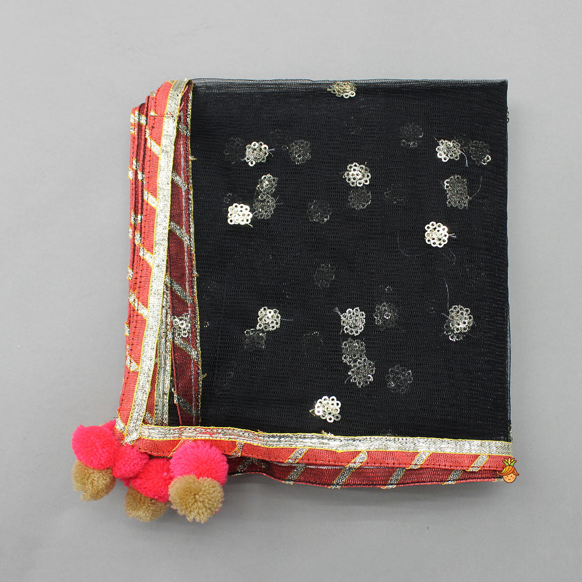 Pre Order: Black Cotton Floral Printed Kurti And Sharara With Net Dupatta