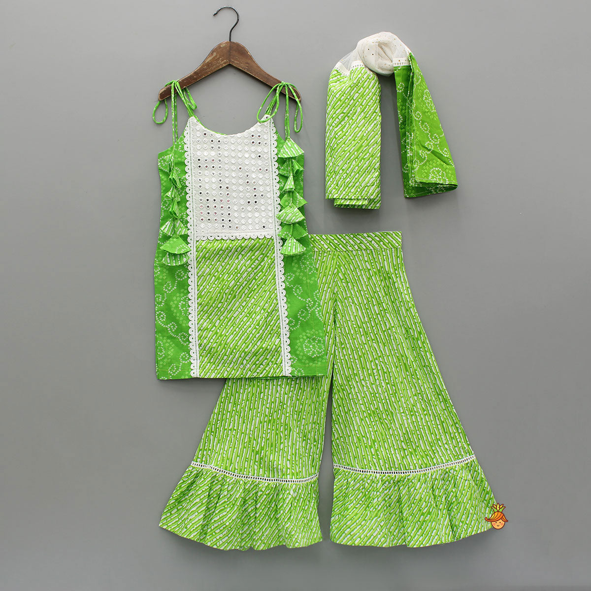 Pre Order: Bandhani And Leheriya Printed Green Kurti And Palazzo With Net Dupatta