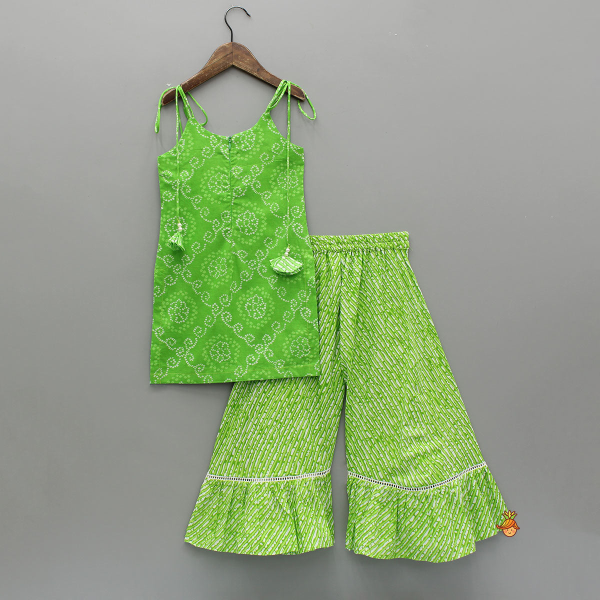 Pre Order: Bandhani And Leheriya Printed Green Kurti And Palazzo With Net Dupatta