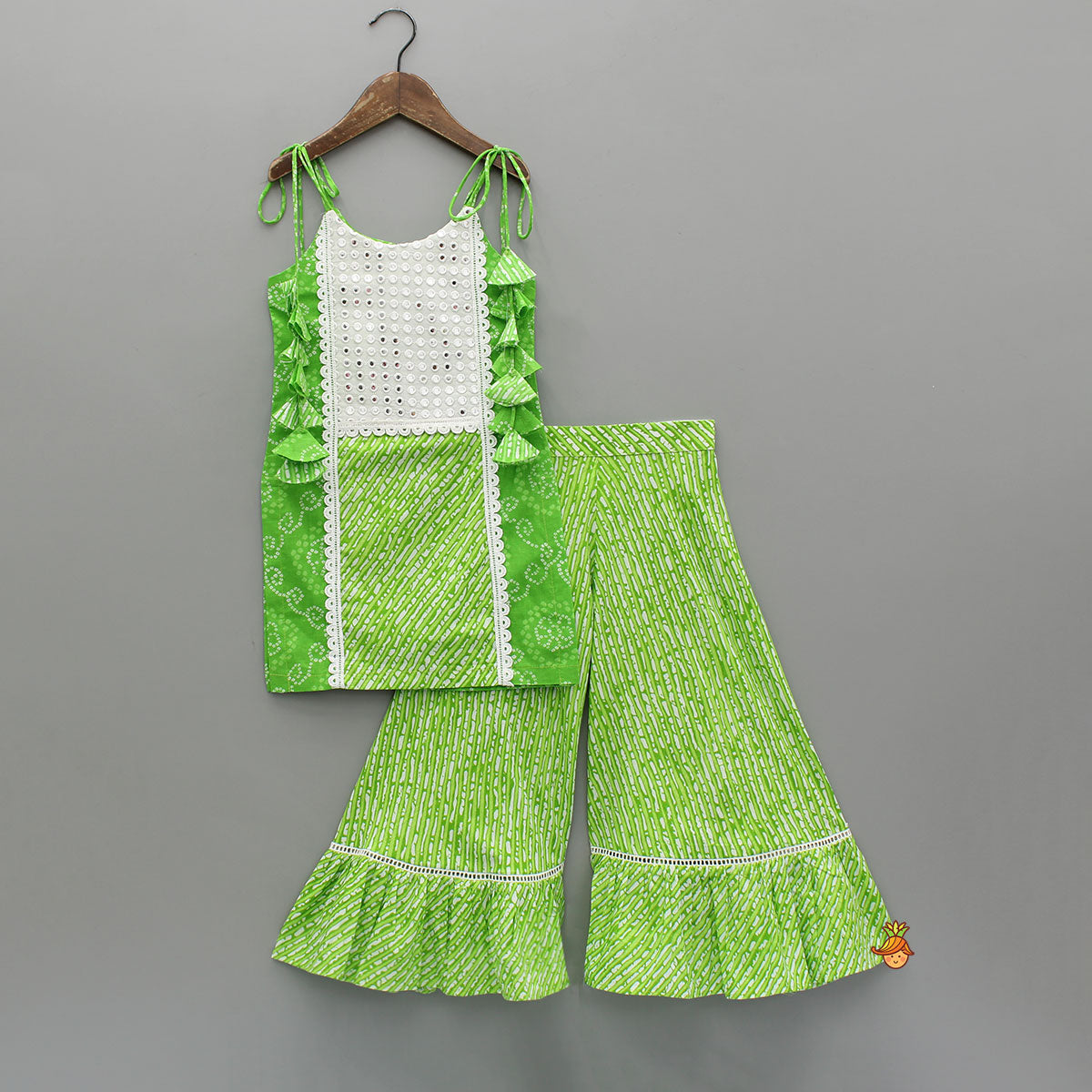Pre Order: Bandhani And Leheriya Printed Green Kurti And Palazzo With Net Dupatta