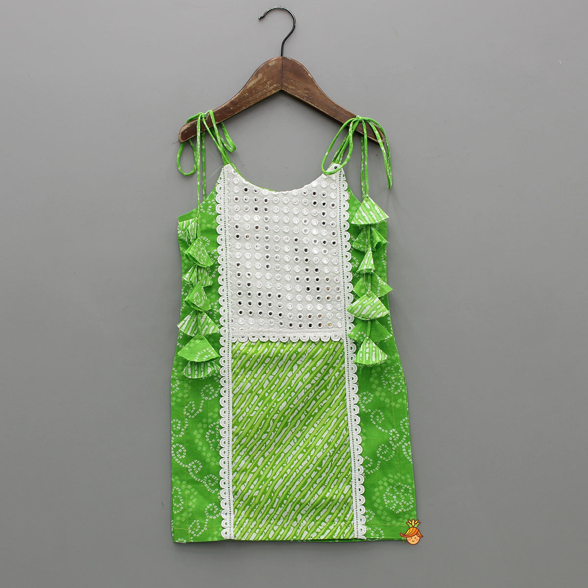 Pre Order: Bandhani And Leheriya Printed Green Kurti And Palazzo With Net Dupatta