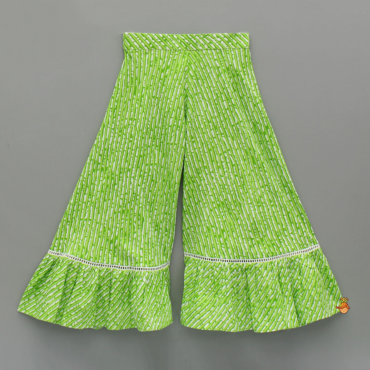 Pre Order: Bandhani And Leheriya Printed Green Kurti And Palazzo With Net Dupatta