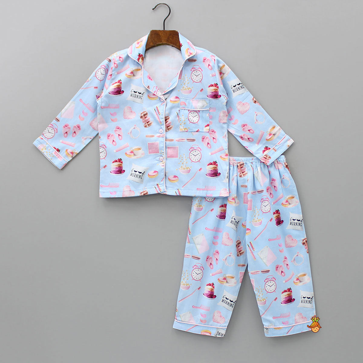 Pre Order: Morning Theme Printed Pure Cotton Blue Sleepwear