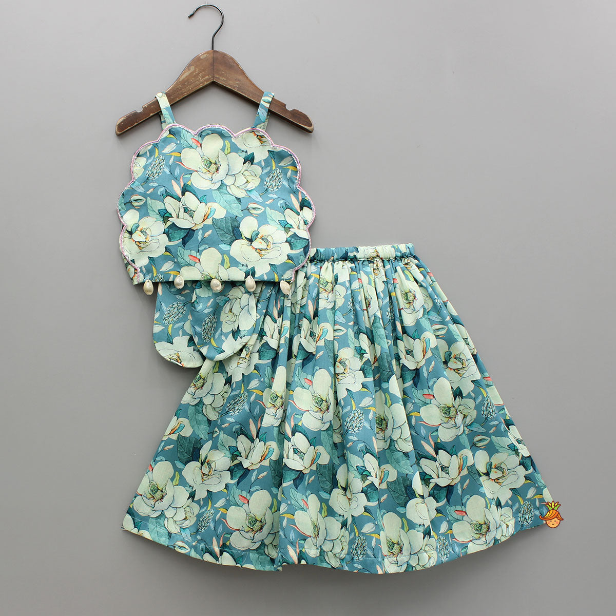 Pre Order: Floral Printed Scalloped Shaped Yoke Top With Lehenga