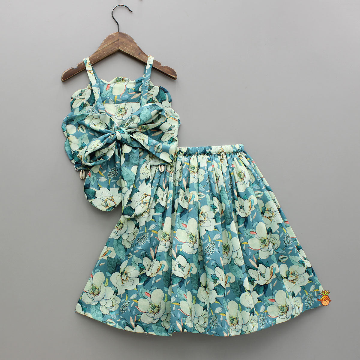 Pre Order: Floral Printed Scalloped Shaped Yoke Top With Lehenga
