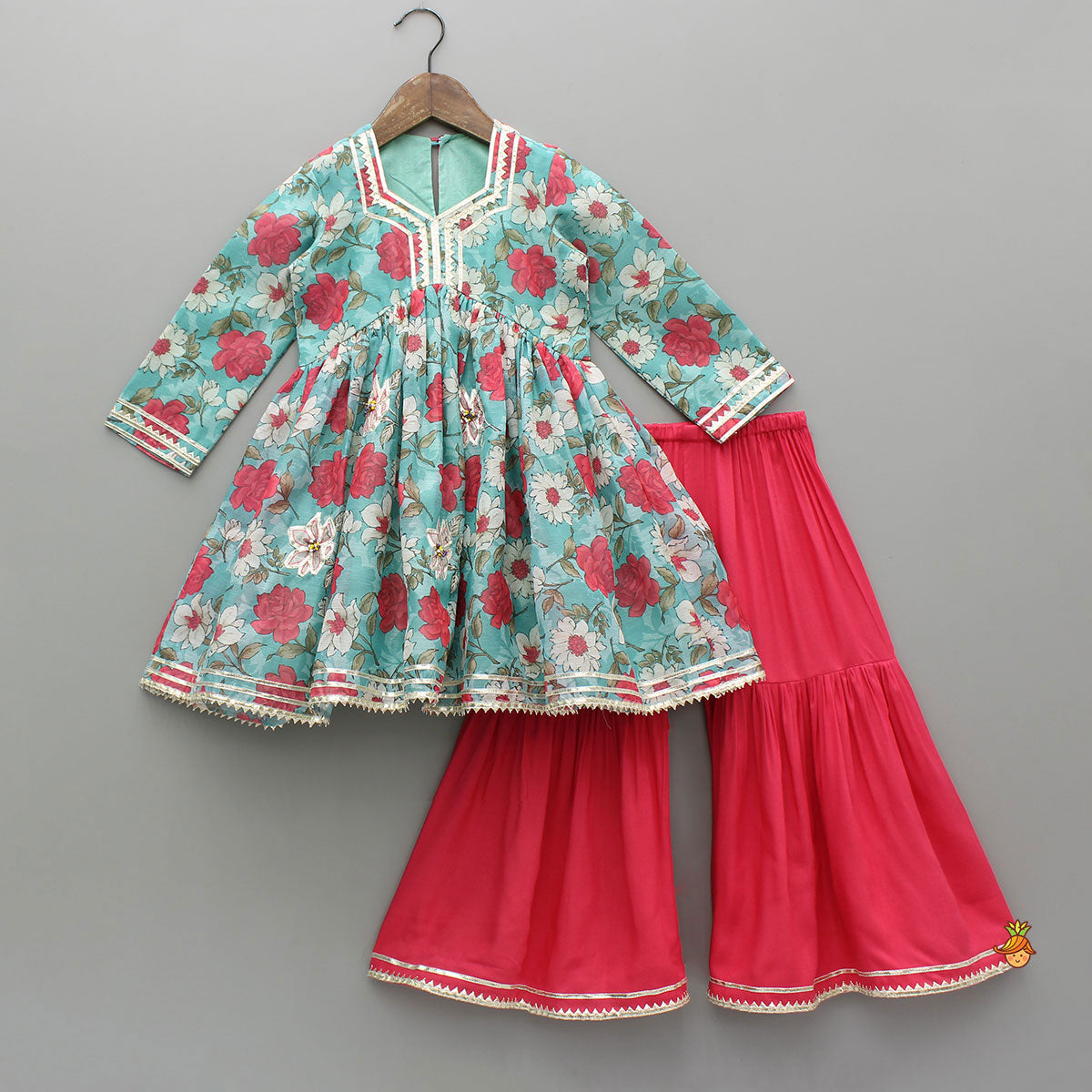 Pre Order: Floral Printed Kurti And Pink Flared Sharara