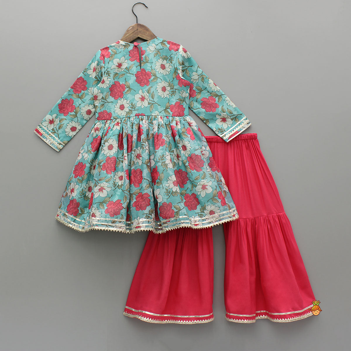 Pre Order: Floral Printed Kurti And Pink Flared Sharara