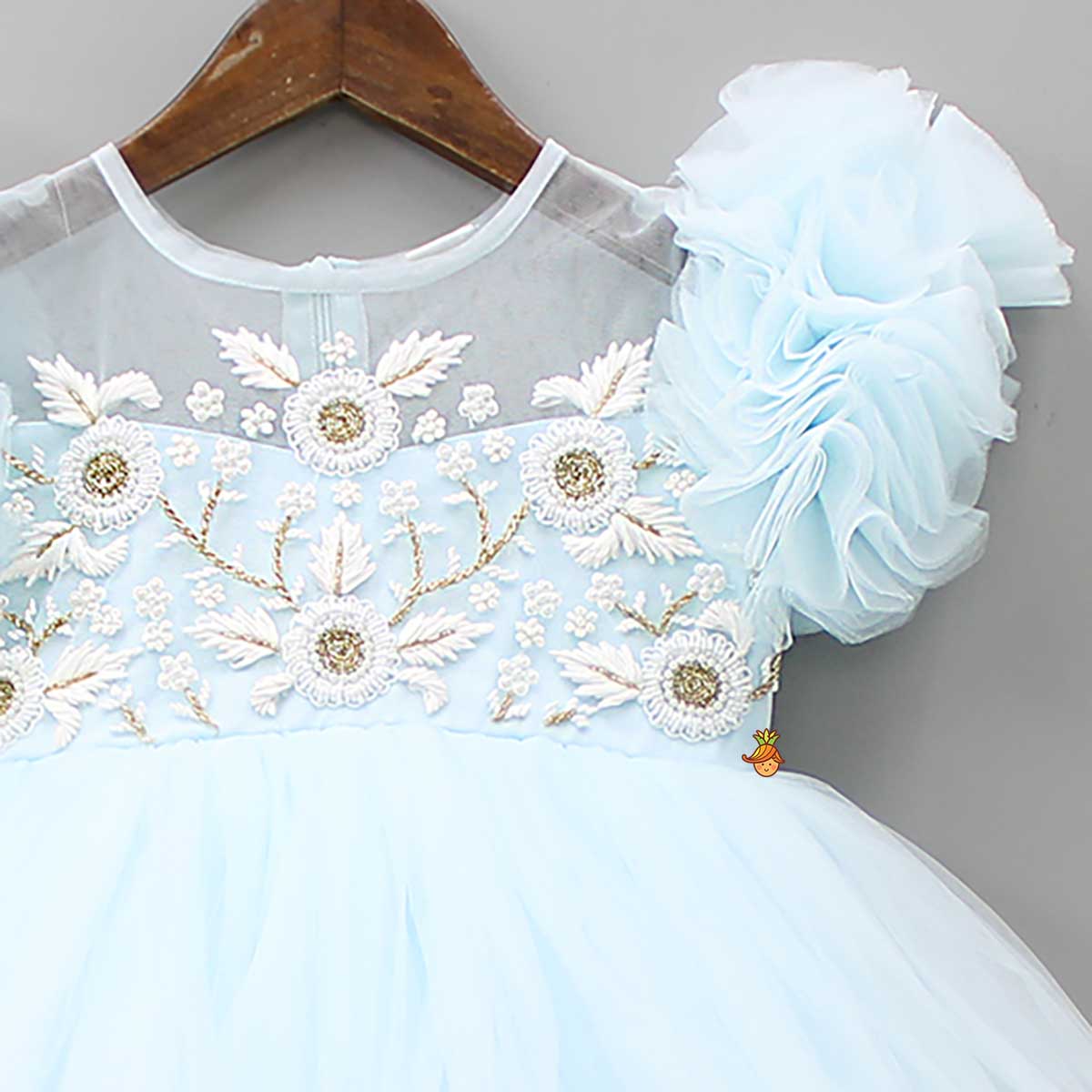 Pre Order: Cut Dana Embellished Blue Ruffled Sleeves Dress